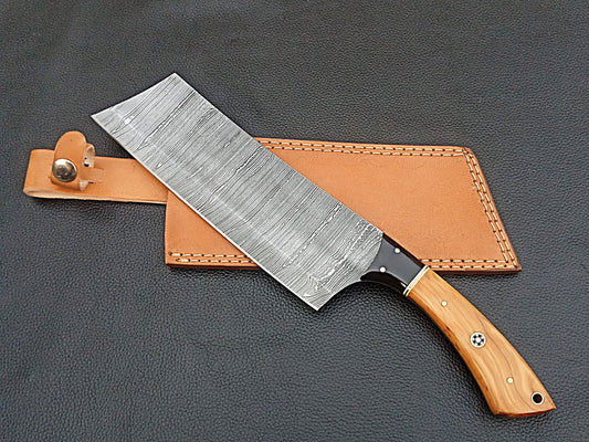Damascus Steel Kitchen Chef Clever-Olive wood handle-Black Horn Bolsters-SA-1261