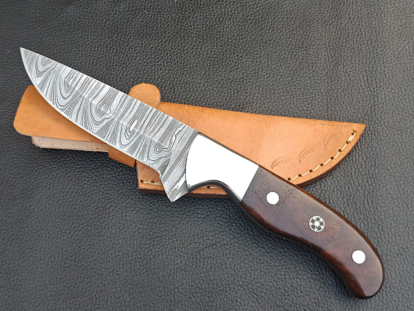 SA-1401 DAMASCUS STEEL SKINING KNIFE- DAMASCUS STEEL BOLSTERS