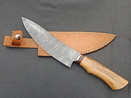 Damascus Steel Kitchen Chef Knife-Olive wood handle-Stainless Steel Bolsters-Damascus Bolsters-SA-1253