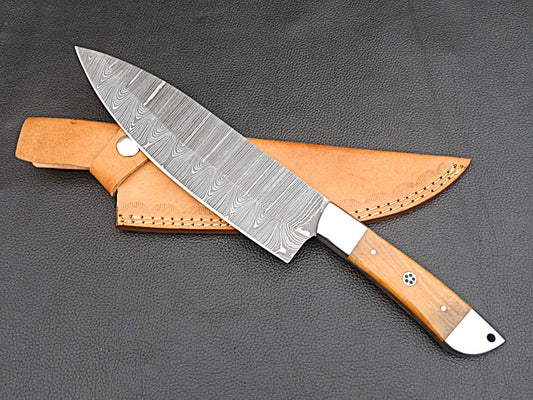 Damascus Steel Kitchen Chef Knife-Olive wood handle-Stainless Steel Bolsters-SA-1251