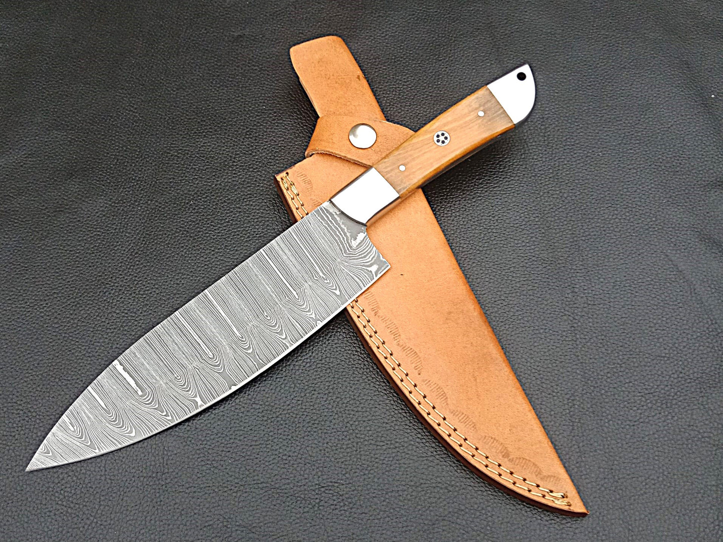 Damascus Steel Kitchen Chef Knife-Olive wood handle-Stainless Steel Bolsters-SA-1251