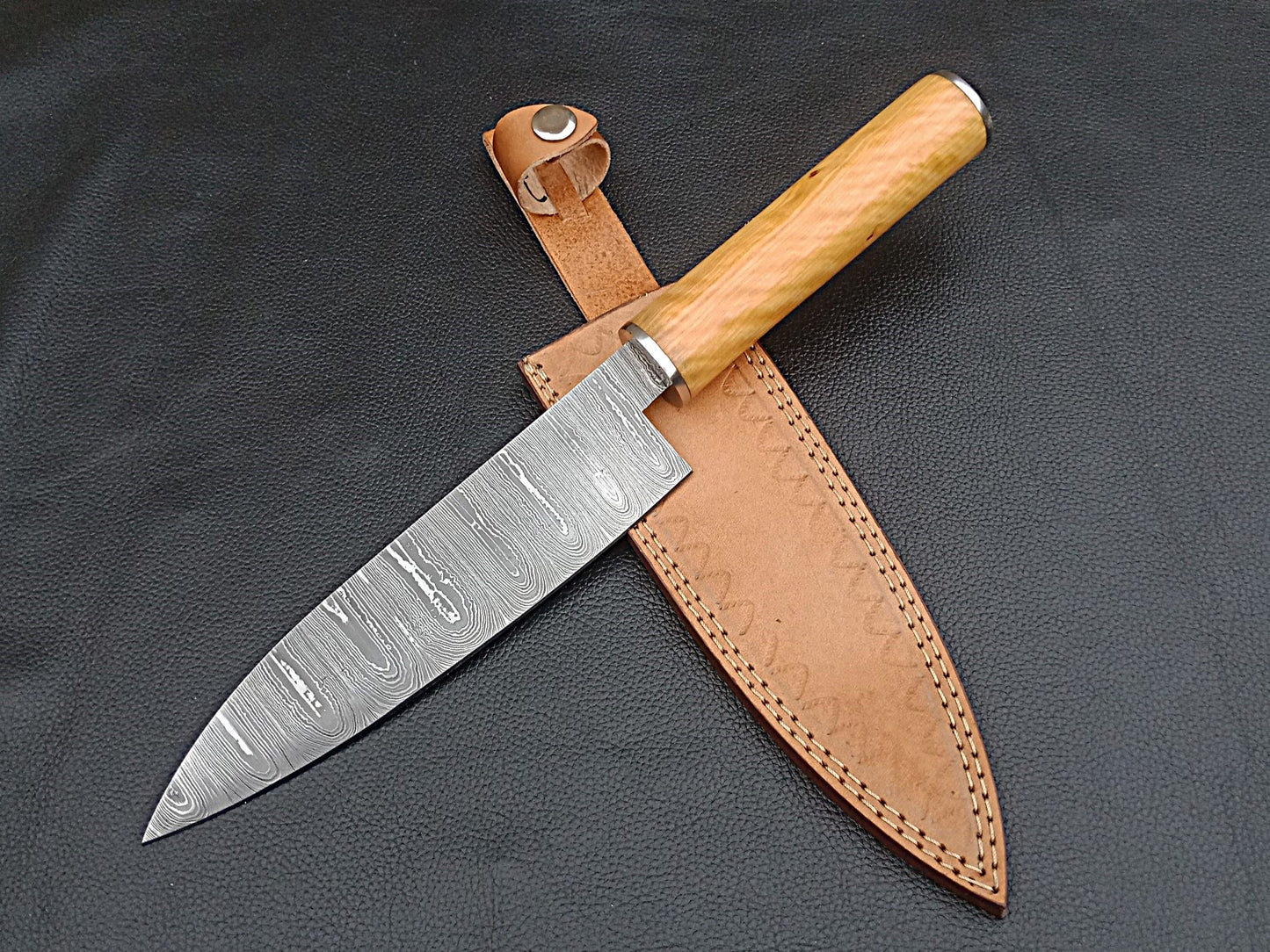 Damascus Steel Kitchen Chef Knife-Olive wood handle-Stainless Steel Bolsters-SA-1254