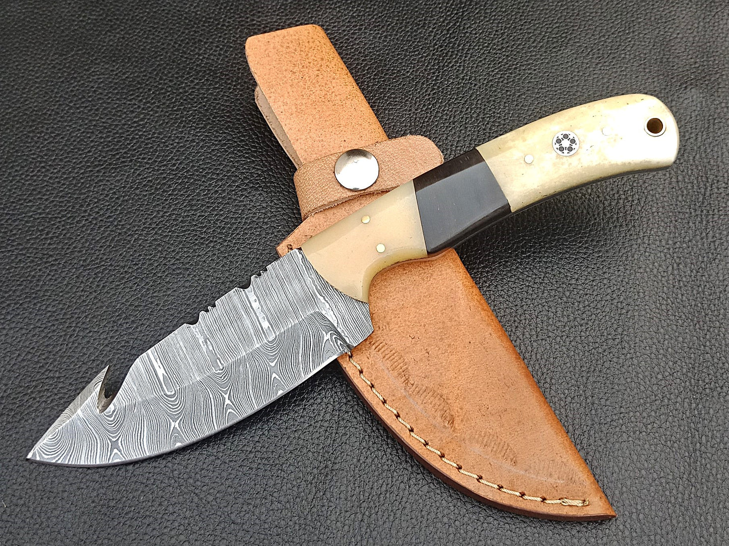 SA-1228 DAMASCUS STEEL SKINING KNIFE- CAMEL BONE BOLSTERS