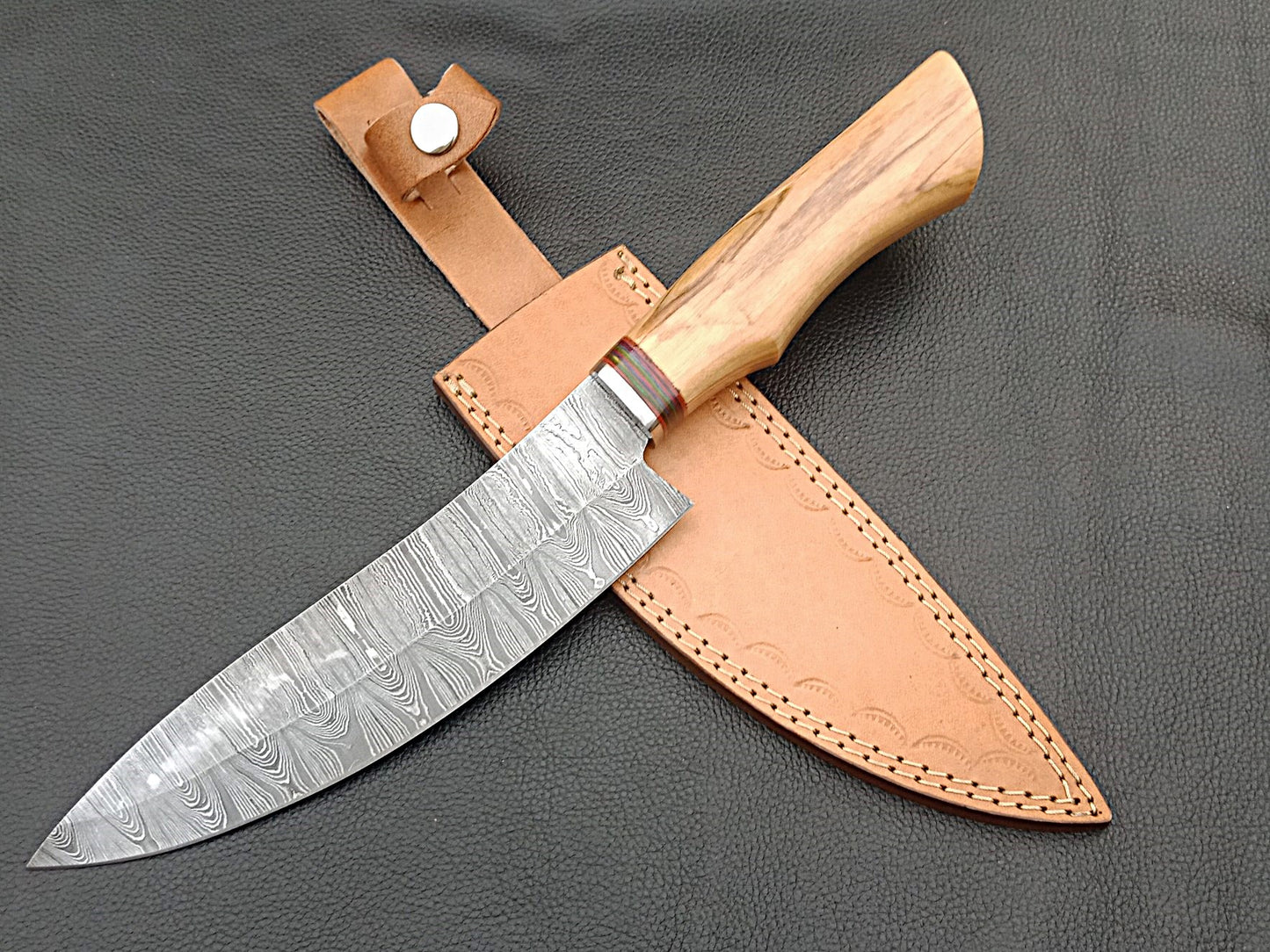 Damascus Steel Kitchen Chef Knife-Olive wood handle-Stainless Steel Bolsters-Damascus Bolsters-SA-1253