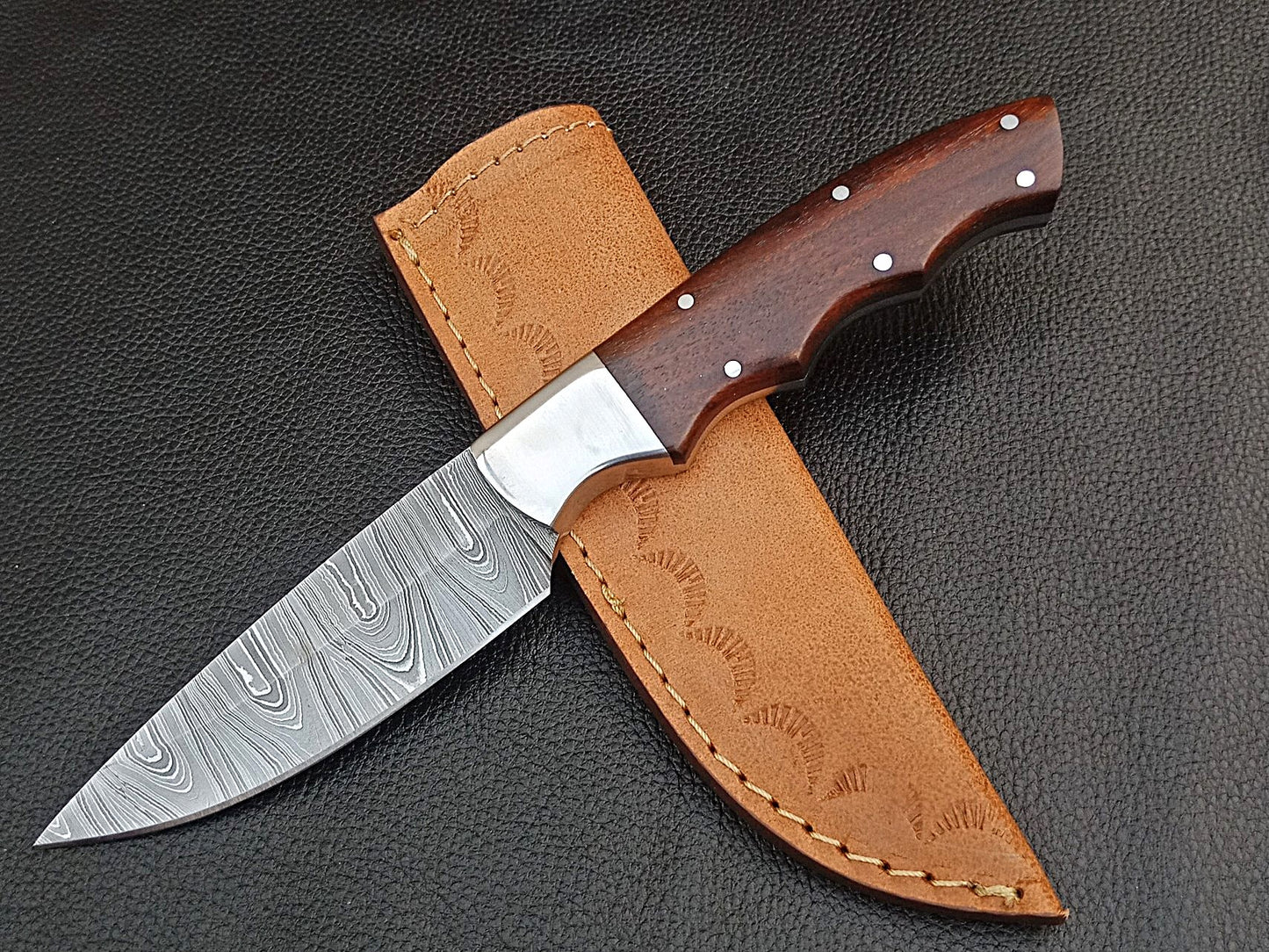 SA-1242 DAMASCUS STEEL SKINING KNIFE- STAINLESS STEEL BOLSTERS
