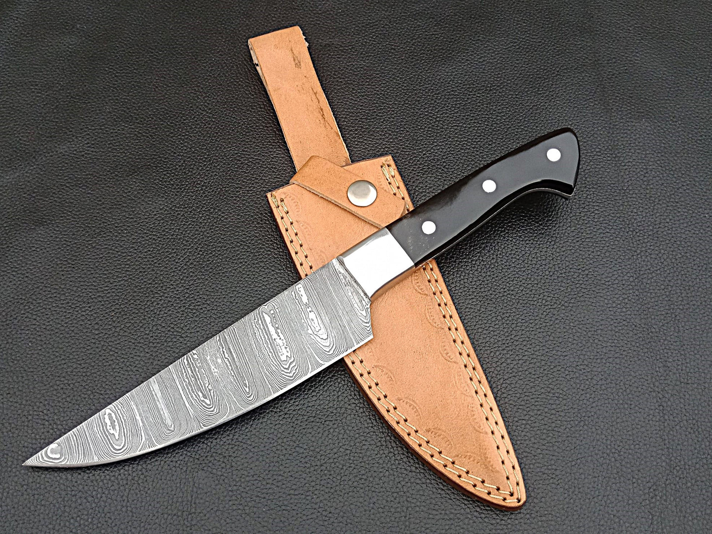 Damascus Steel Kitchen Chef Knife-Black Horn handle-Stainless Steel Bolsters-SA-1269