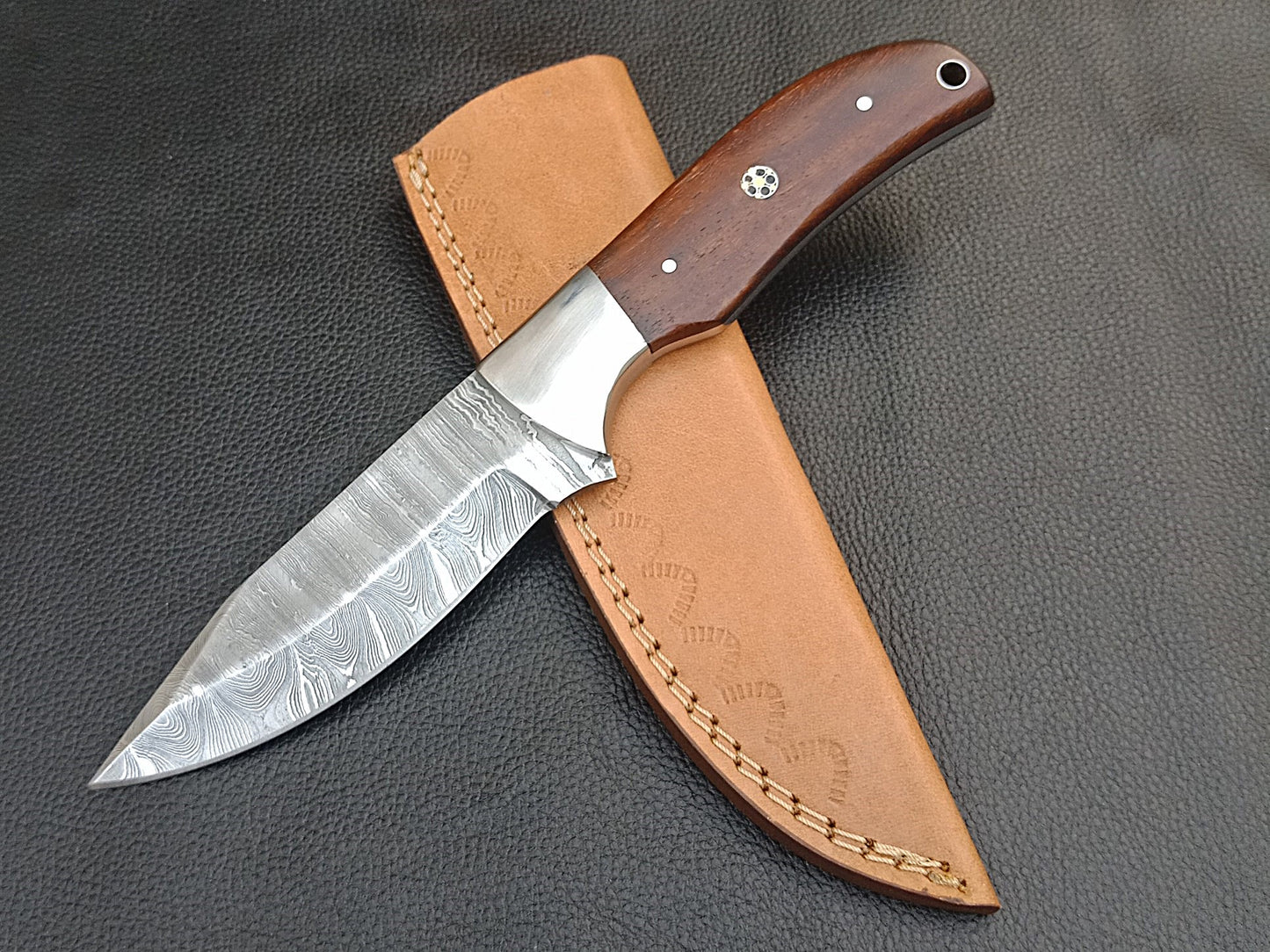 SA-1302 DAMASCUS STEEL SKINING KNIFE- STAINLESS STEEL BOLSTERS