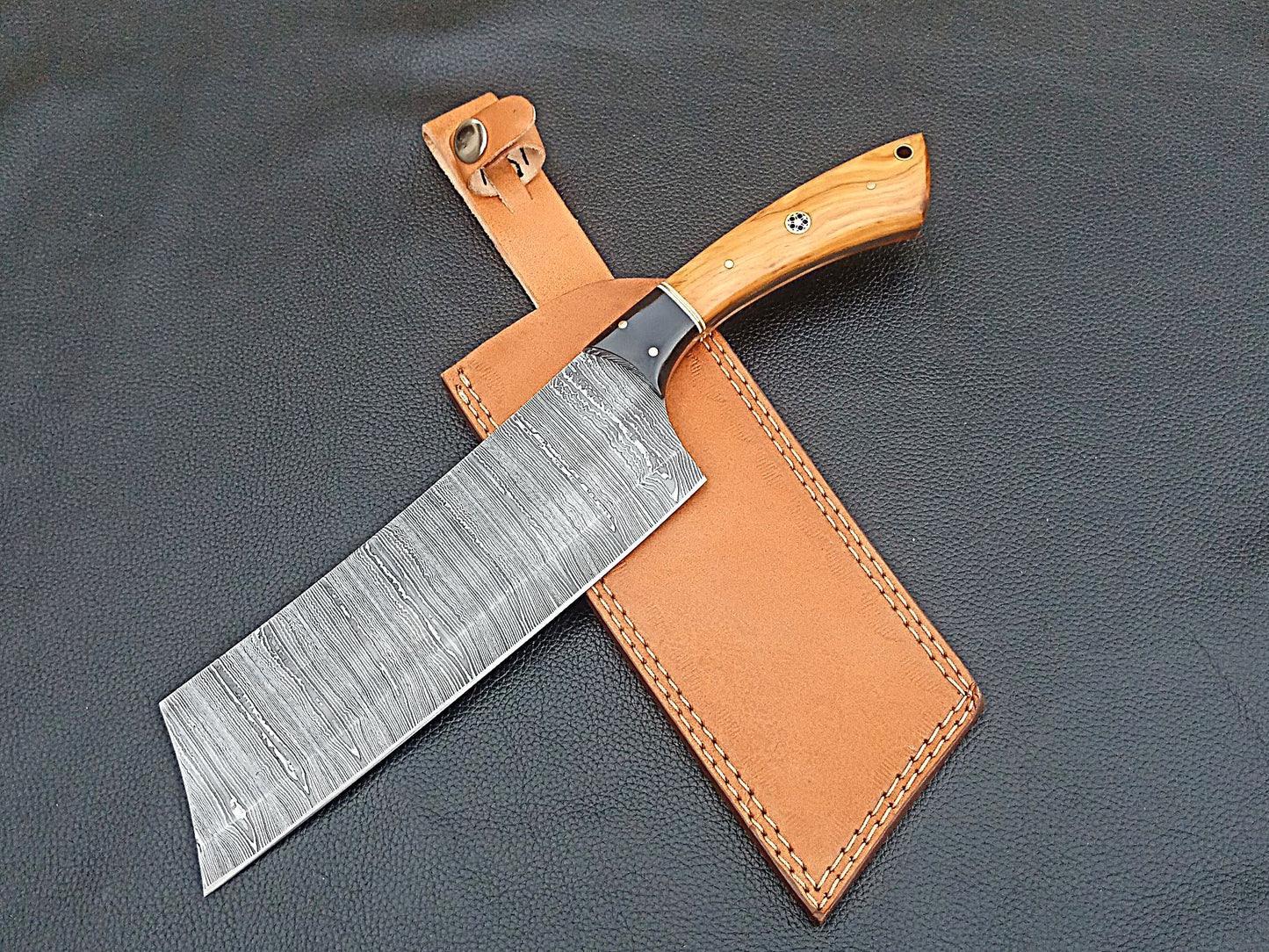 Damascus Steel Kitchen Chef Clever-Olive wood handle-Black Horn Bolsters-SA-1261