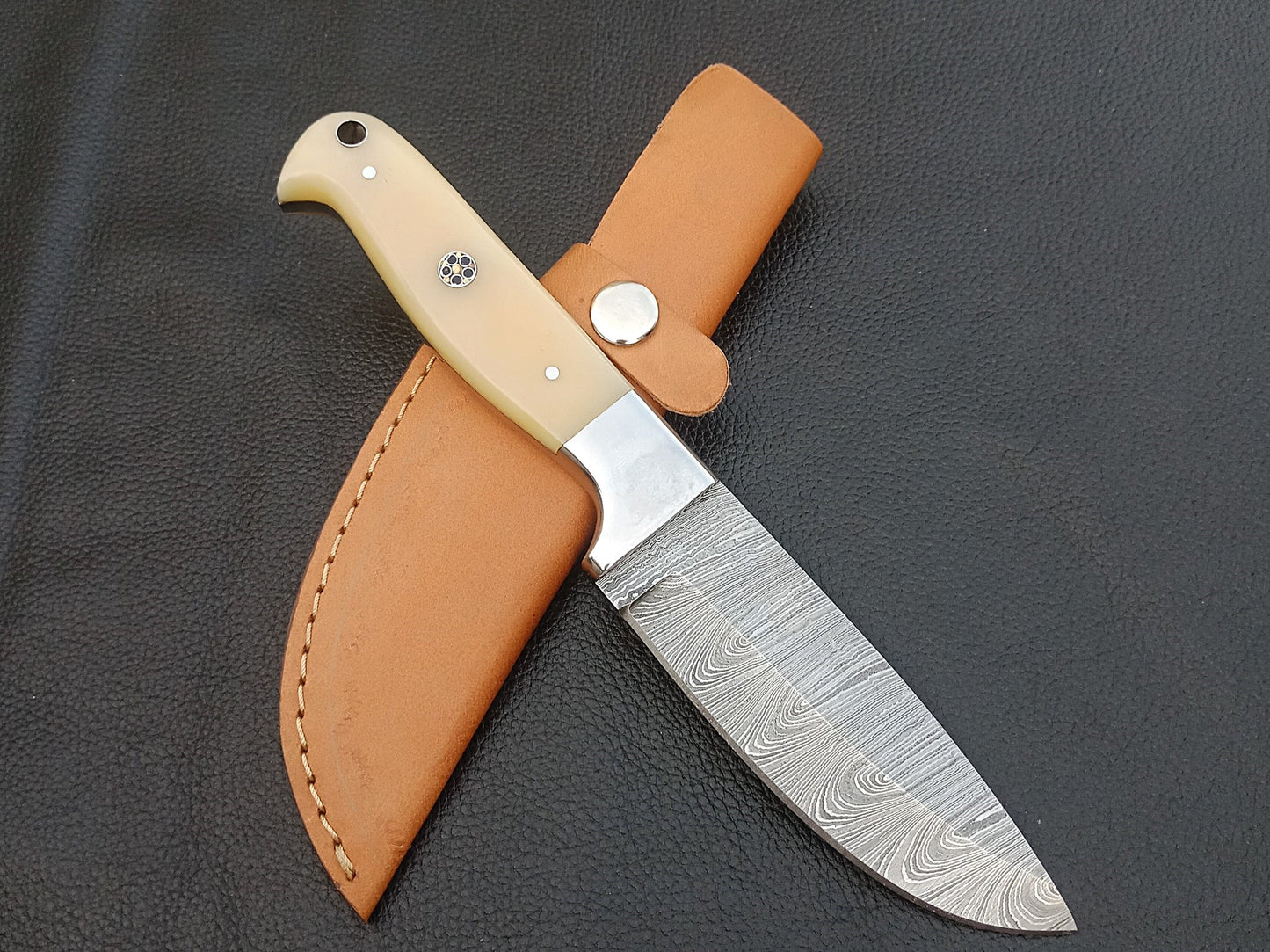 SA-1222 DAMASCUS STEEL SKINING KNIFE-STAINLESS STEEL BOLSTERS