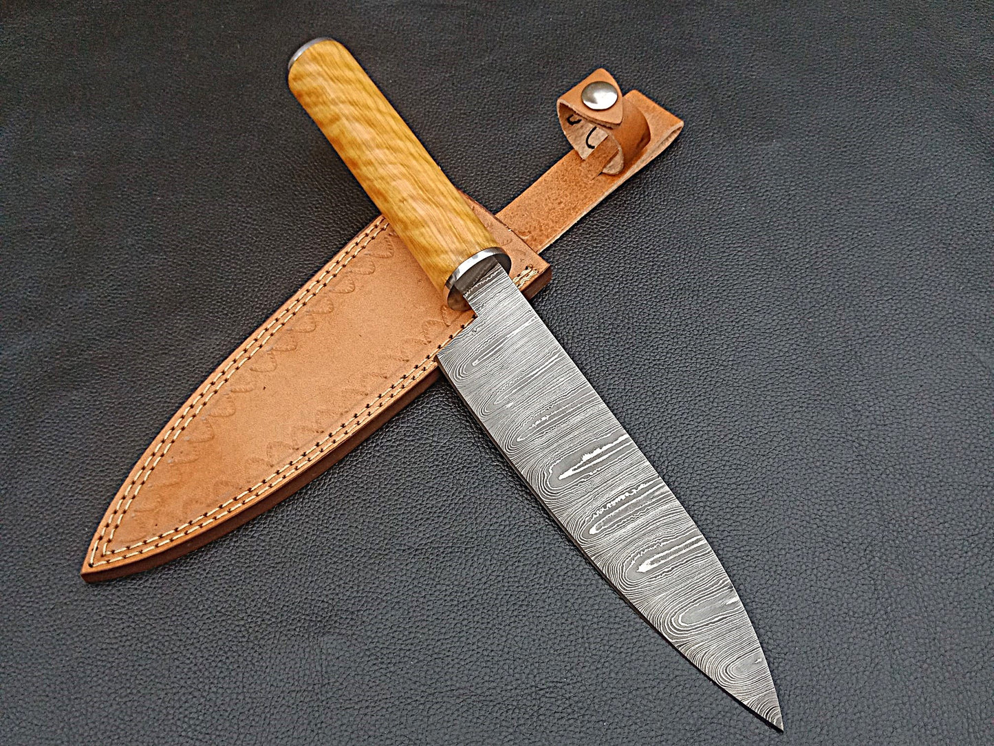 Damascus Steel Kitchen Chef Knife-Olive wood handle-Stainless Steel Bolsters-SA-1254