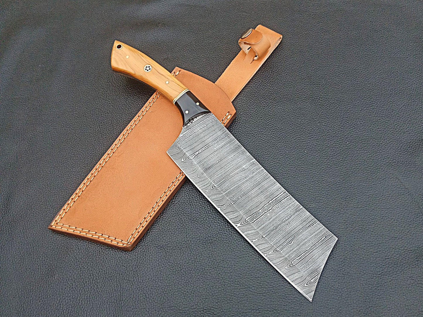 Damascus Steel Kitchen Chef Clever-Olive wood handle-Black Horn Bolsters-SA-1261