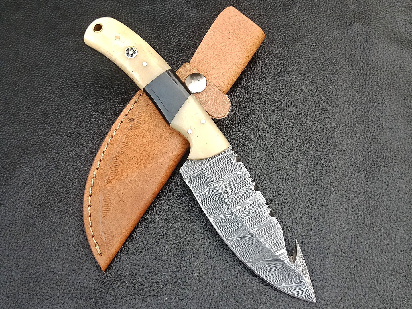 SA-1228 DAMASCUS STEEL SKINING KNIFE- CAMEL BONE BOLSTERS