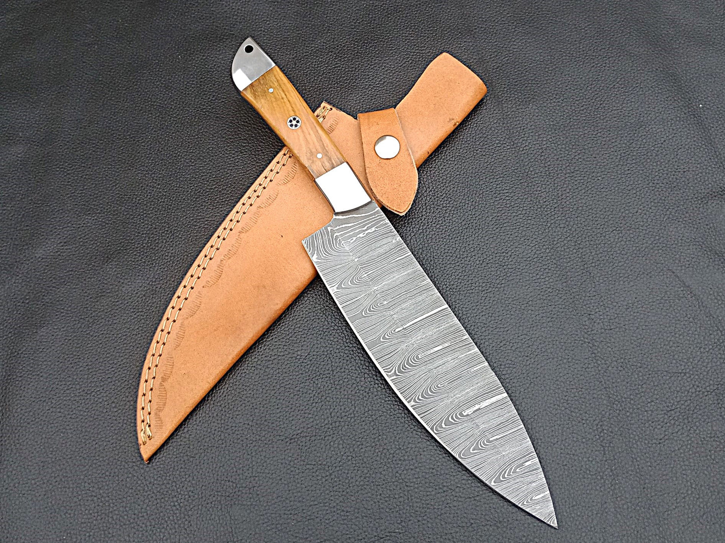 Damascus Steel Kitchen Chef Knife-Olive wood handle-Stainless Steel Bolsters-SA-1251