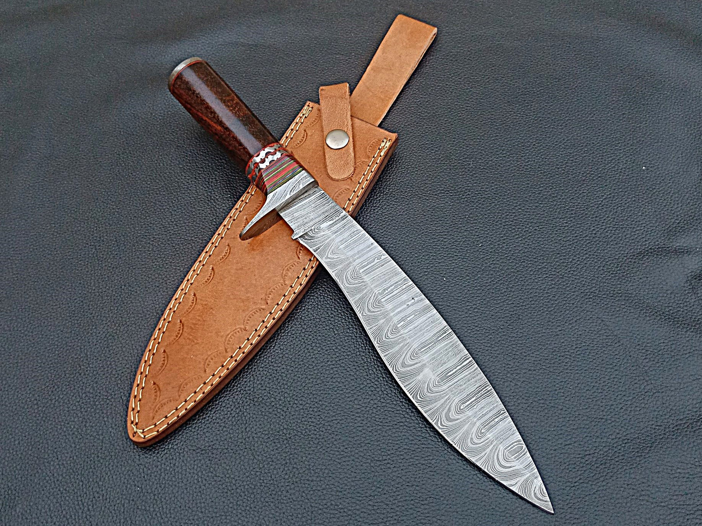 Damascus Steel Bowie-Rosewood Handle-Damascus Steel Clip-SA-1276