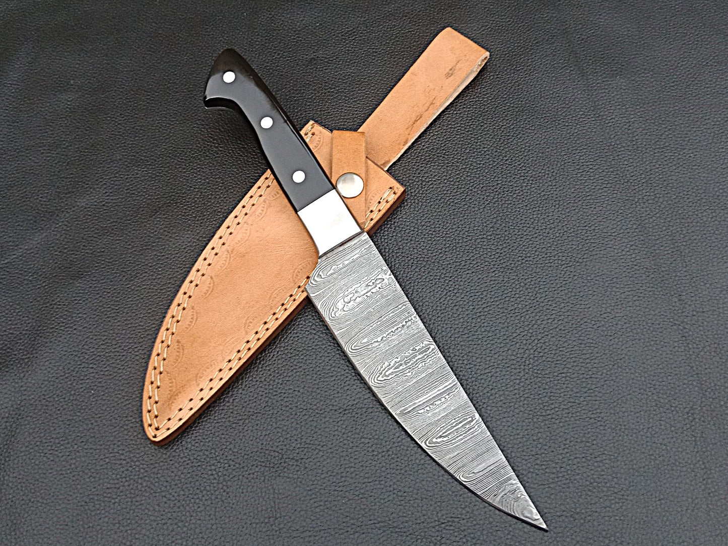 Damascus Steel Kitchen Chef Knife-Black Horn handle-Stainless Steel Bolsters-SA-1269