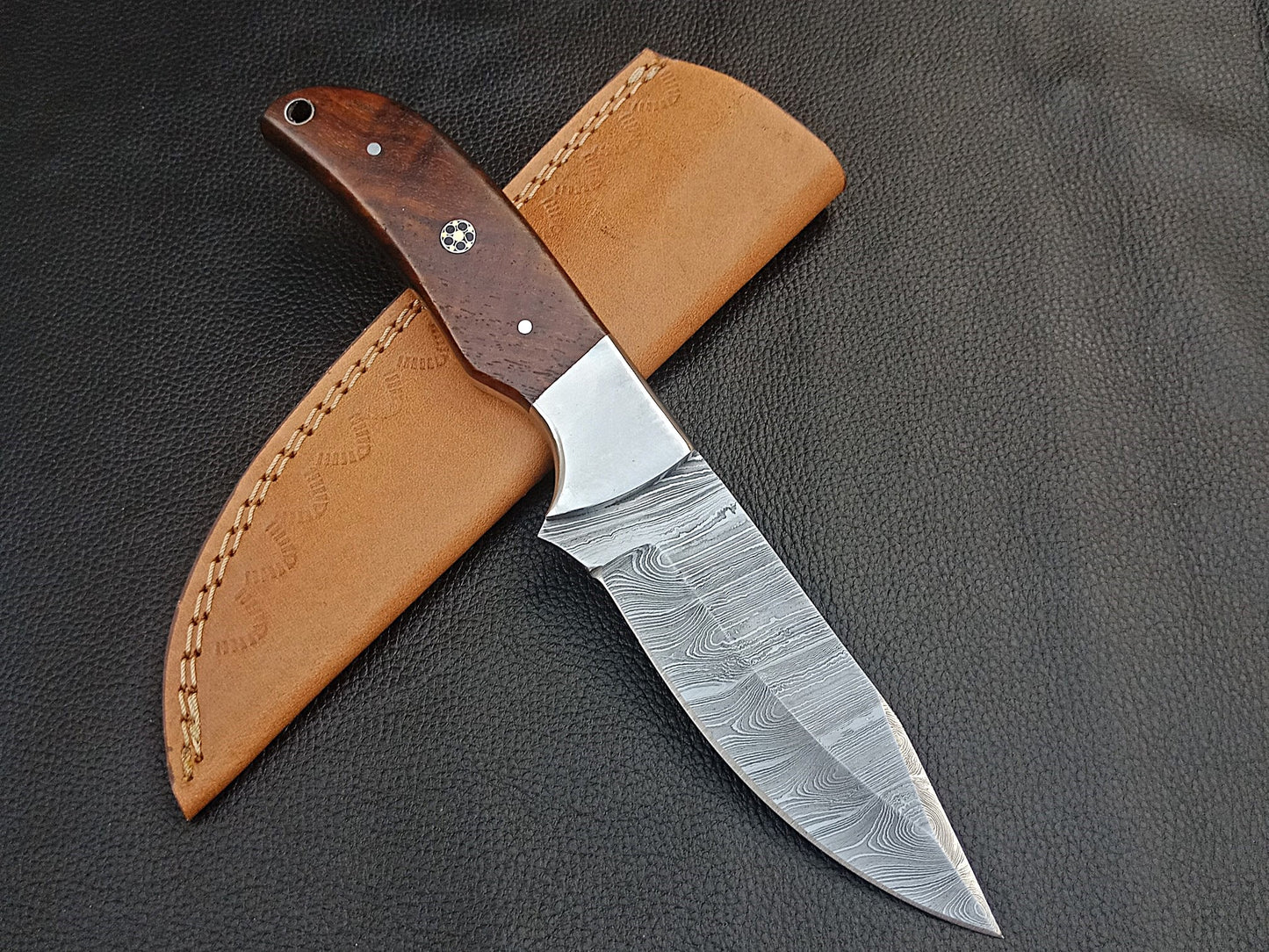 SA-1302 DAMASCUS STEEL SKINING KNIFE- STAINLESS STEEL BOLSTERS