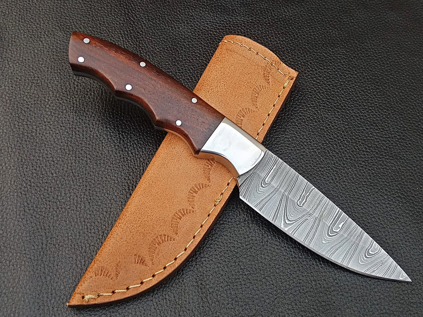 SA-1242 DAMASCUS STEEL SKINING KNIFE- STAINLESS STEEL BOLSTERS