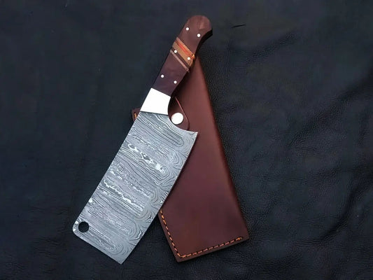 Handmade Damascus steel cleaver C125 in leather sheath