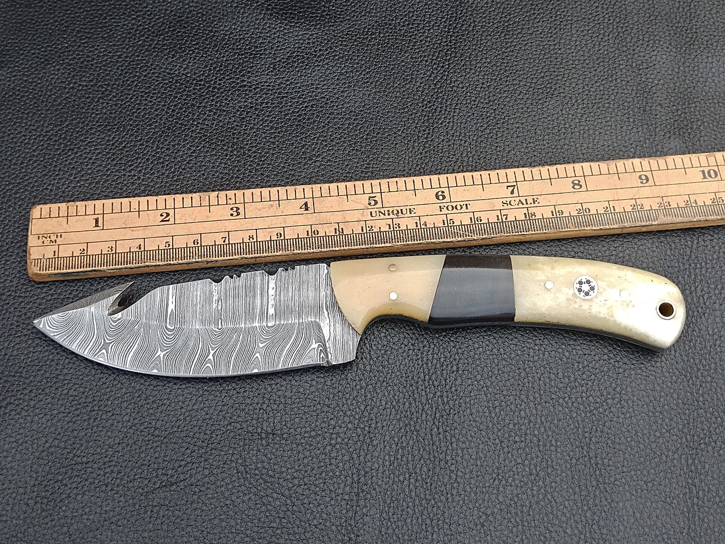 SA-1228 DAMASCUS STEEL SKINING KNIFE- CAMEL BONE BOLSTERS