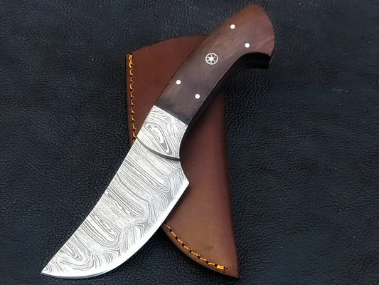 Handmade Damascus steel knife with brown sheath