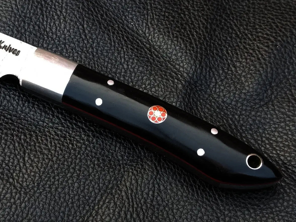 Black-handled Damascus Steel Bird and Trout Knife with bull horn inlays and design