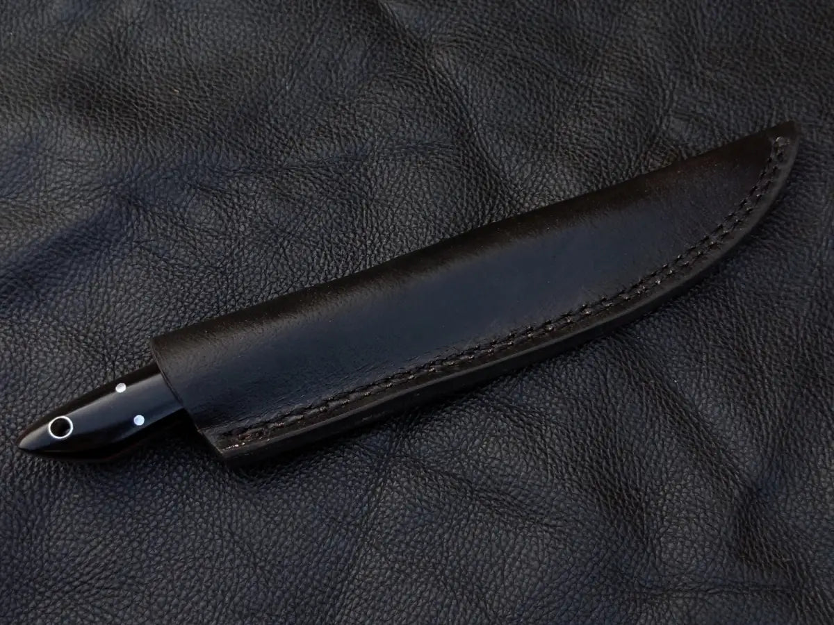 Black Damascus Steel Bird and Trout Knife with Bull Horn in leather sheath
