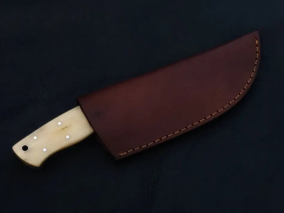 Handmade Damascus Steel Knife C236 with bone handle in leather sheath