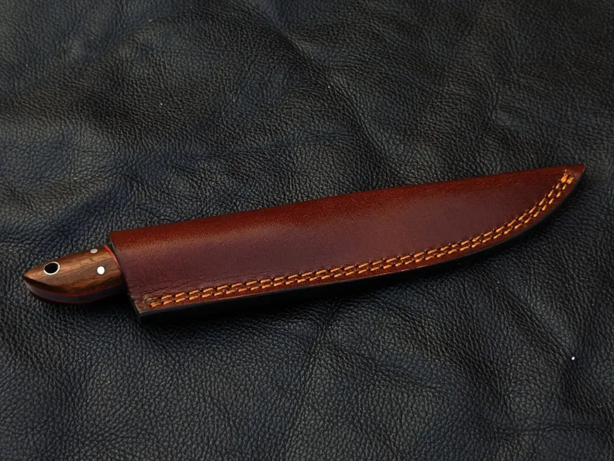 Brown leather knife sheath for Damascus Steel Bird and Trout Knife with Rosewood Epoxy