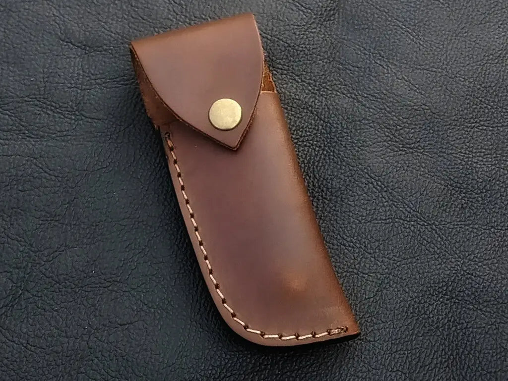 Brown leather knife sheath for Handmade Damascus Steel Folding Knife - C168