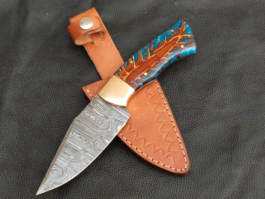 DAMASCUS STEEL BLADE-BRASS BOLSTERS- ROOTD EPOXY RESIN HANDLE-SA-121-ER - Damascus hunting knife