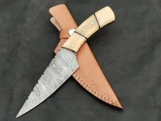 DAMASCUS STEEL BLADE-CAMEL BONE BOLSTERS- CAMEL HANDLE-SA-131-C - Damascus hunting knife