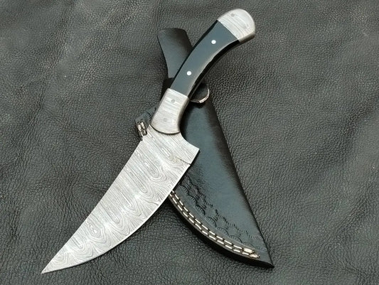 DAMASCUS STEEL BLADE-DAMASCS BOLSTERS-BLACK HORN HANDLE-SA-129-B - Damascus hunting knife