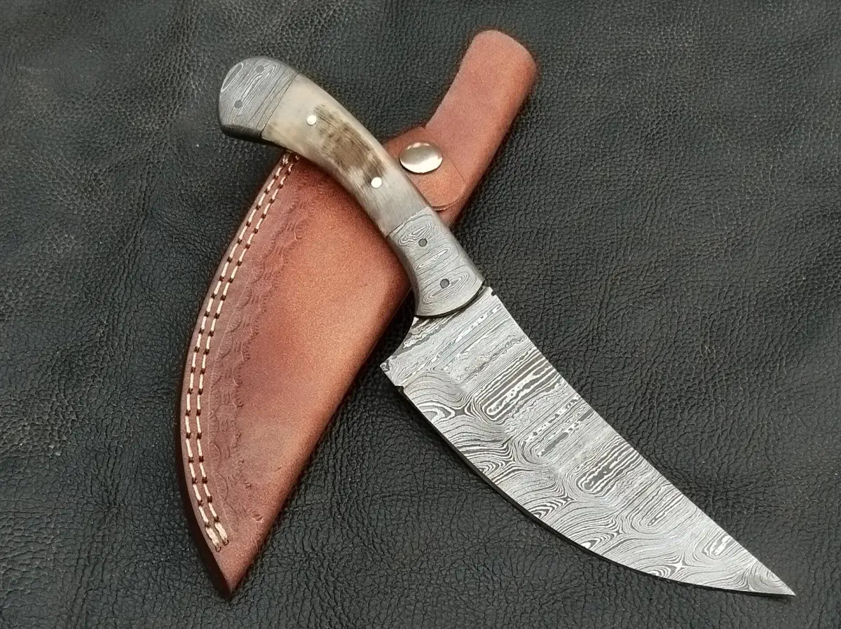 DAMASCUS STEEL BLADE-DAMASCUS BOLSTERS-SHEEP HORN HANDLE-SA-130-S - Damascus hunting knife