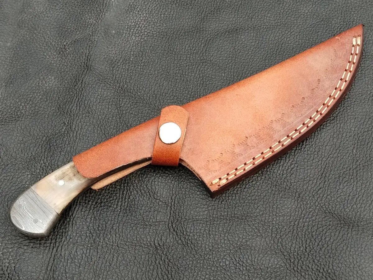 DAMASCUS STEEL BLADE-DAMASCUS BOLSTERS-SHEEP HORN HANDLE-SA-130-S - Damascus hunting knife