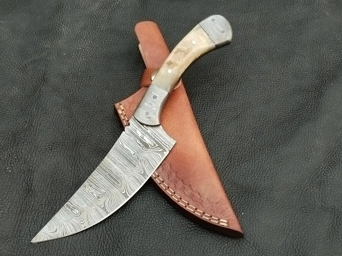 DAMASCUS STEEL BLADE-DAMASCUS BOLSTERS-SHEEP HORN HANDLE-SA-130-S - Damascus hunting knife