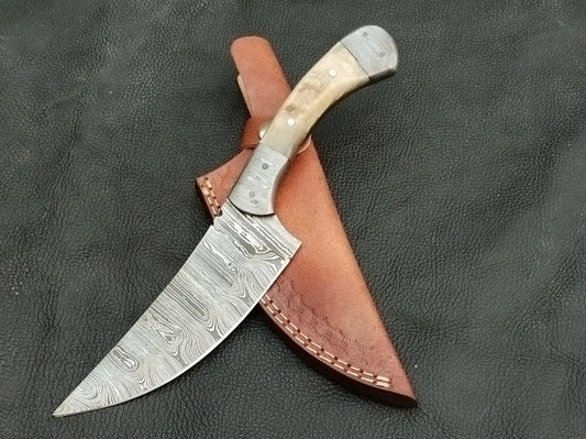 DAMASCUS STEEL BLADE-DAMASCUS BOLSTERS-SHEEP HORN HANDLE-SA-130-S - Damascus hunting knife