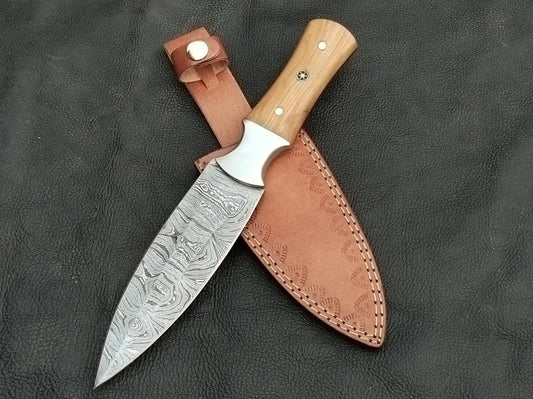 DAMASCUS STEEL BLADE-STEEL BOLSTERS- OLIVE WOOD HANDLE-SA-123-O - Damascus Steel Hunting Knife