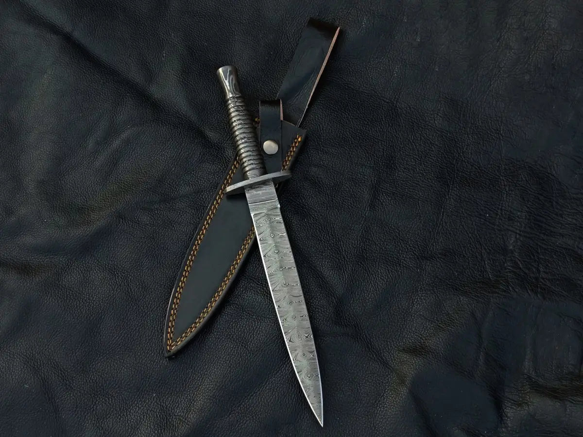 Damascus steel dagger with leather sheath from FS Dagger SAD001, featuring a steel blade