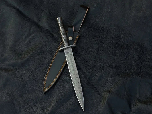 Damascus steel dagger with leather sheath from FS Dagger SAD001, featuring a steel blade