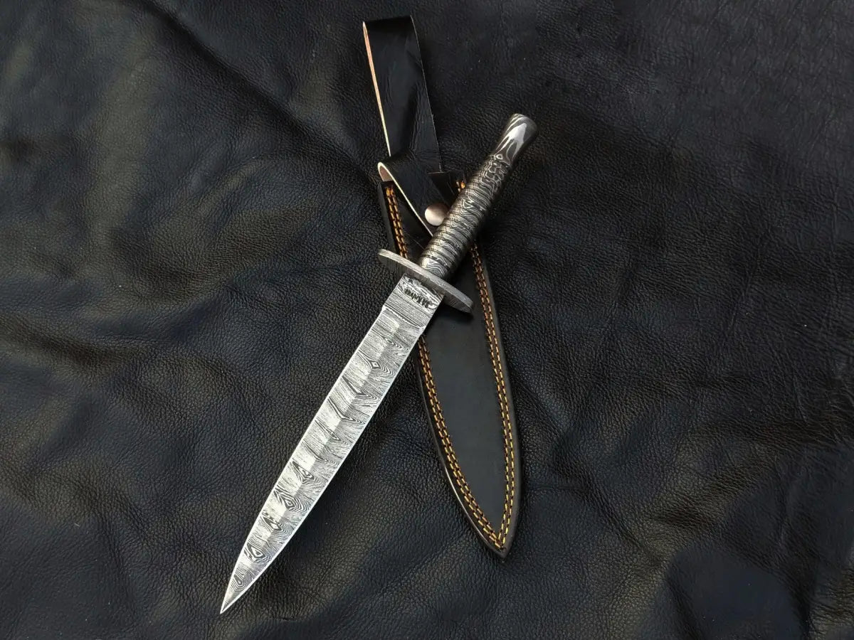 Damascus steel dagger with sheath, featuring a high-quality Damascus steel blade
