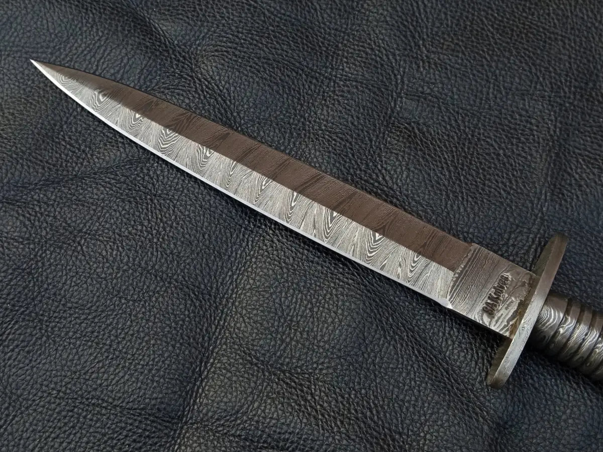 Damascus steel dagger with textured handle from FS Dagger SAD001, featuring a steel blade