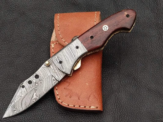 Damascus Steel Folding Knife-Damascus Blade-Damascus Bolsters-Rosewood Handle-SA101-R - pocket knife