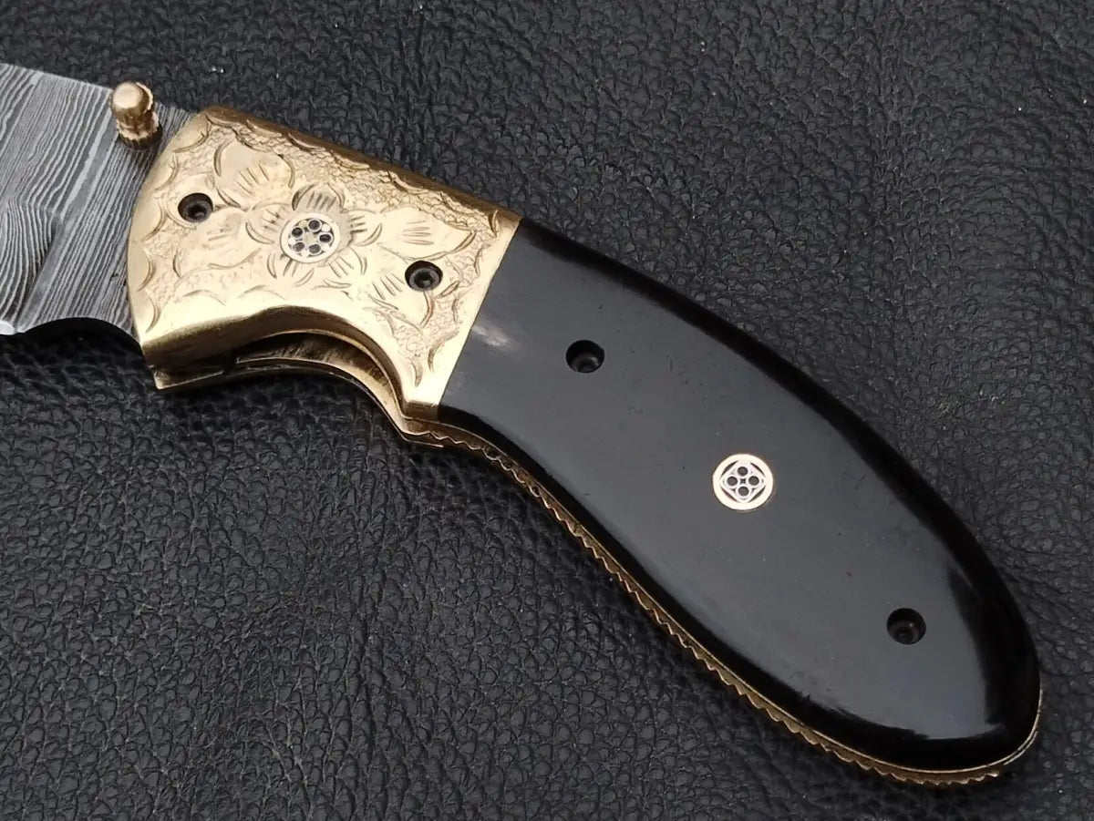 Damascus Steel Folding Knife-Damascus Bolsters- Brass Hand Engraved Bolsters-SA103-B - pocket knife