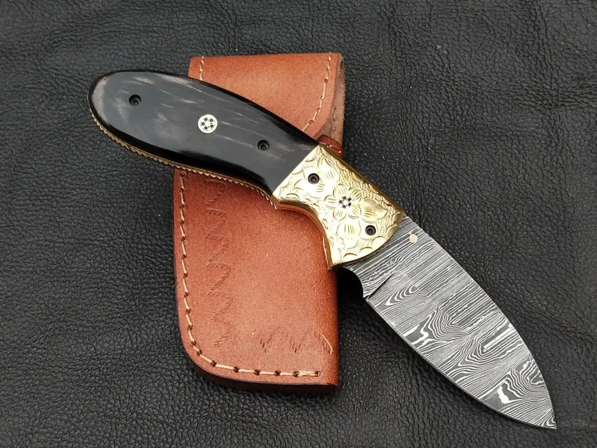 Damascus Steel Folding Knife-Damascus Bolsters- Brass Hand Engraved Bolsters-SA103-B - pocket knife