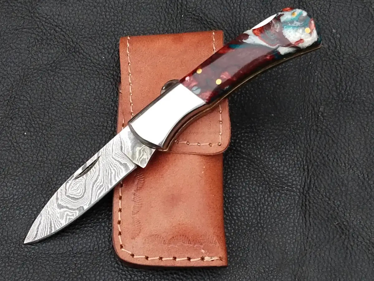 Damascus Steel Folding Knife-Stainless Bolsters-SA105-RE - pocket knife
