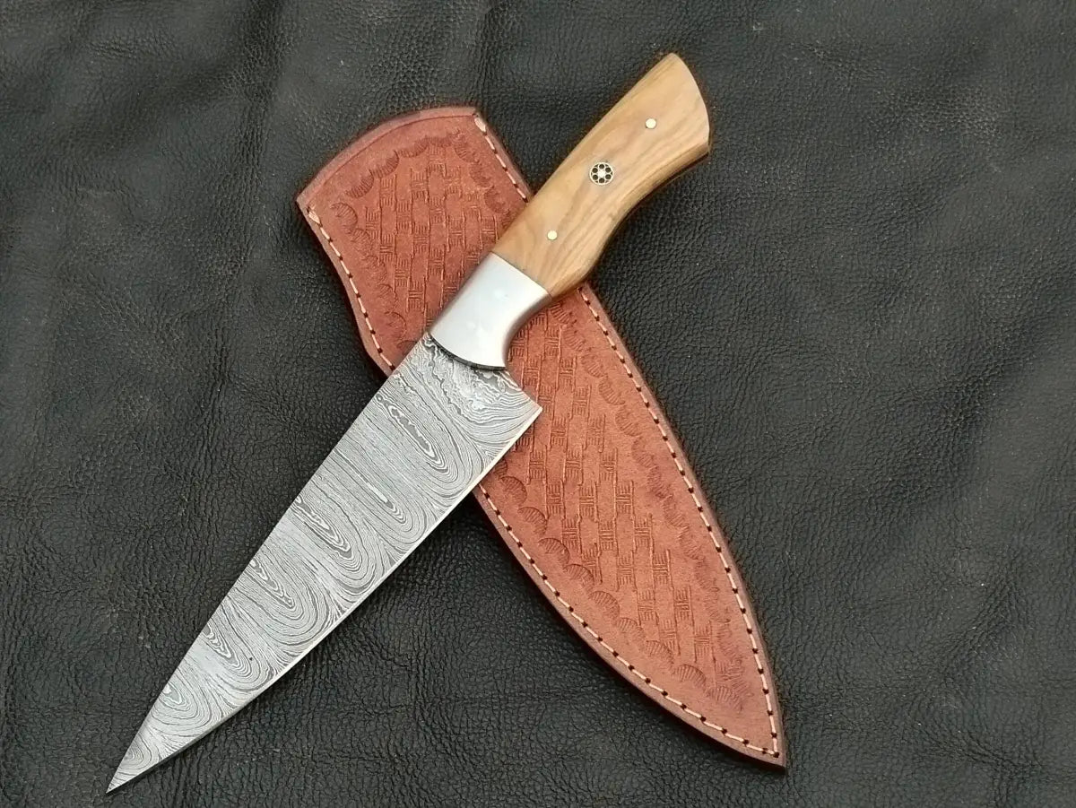 Damascus Steel Kitchen Chef Knife-Olive wood handle-Damascus Bolsters-CK-03 - Chef’s Knife