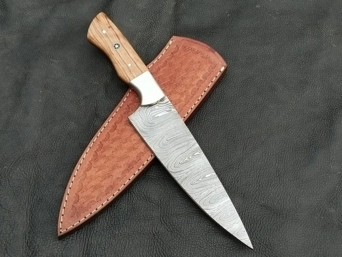Damascus Steel Kitchen Chef Knife-Olive wood handle-Damascus Bolsters-CK-03 - Chef’s Knife