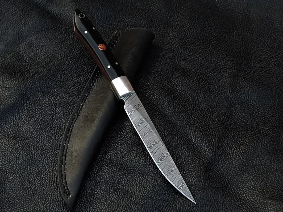 Damascus Steel Bird and Trout Knife with Black Handle and Bull Horn Design