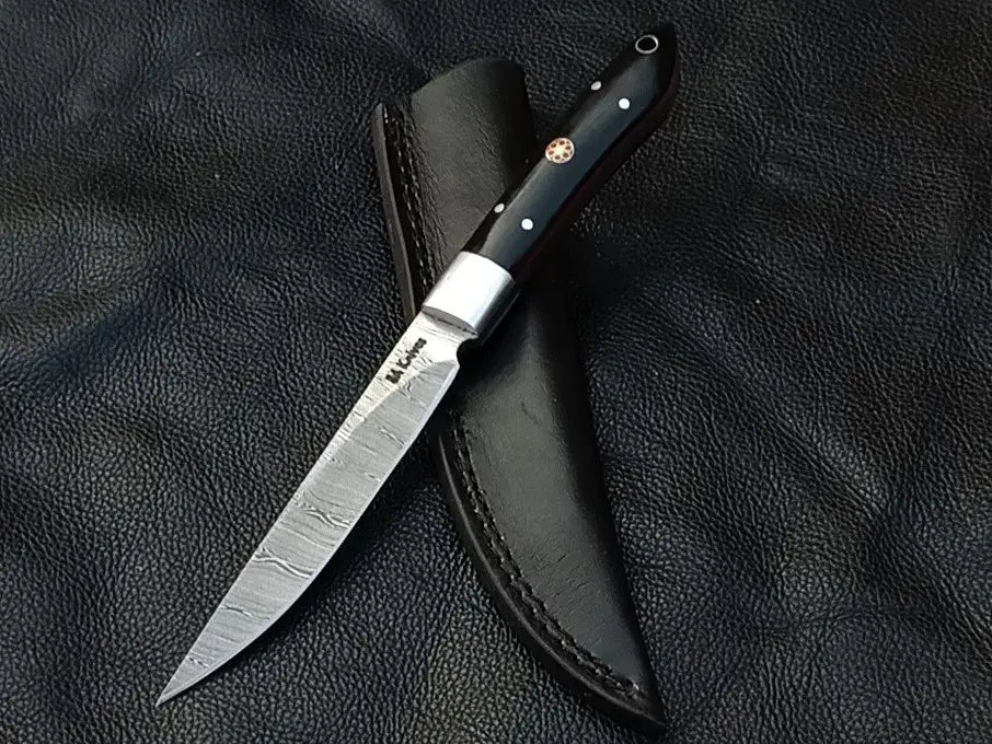 Damascus Steel Bird and Trout Knife with Black Handle and Bull Horn Design