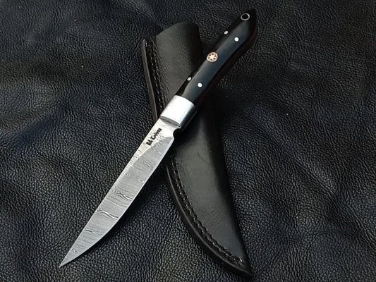 Damascus Steel Bird and Trout Knife with Black Handle and Bull Horn Design